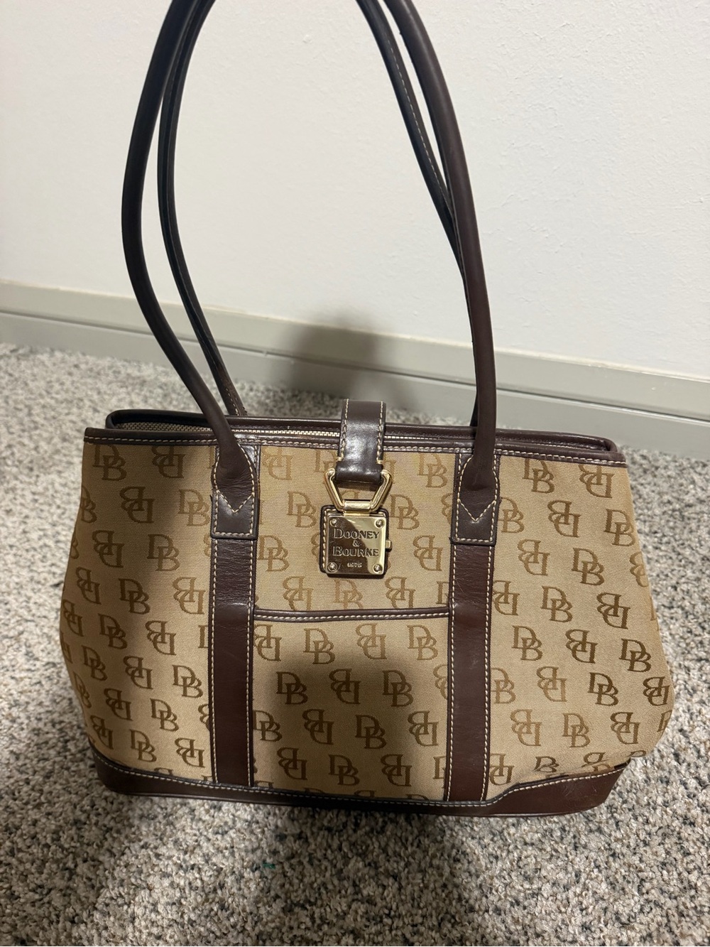 Dooney & Bourke Brown Logo Canvas Tote with Dark Brown Trim